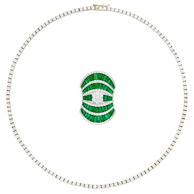 Lot 117 - White Gold and Diamond Necklace and White Gold, Emerald and Diamond Ring