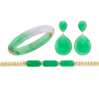Lot 214 - Group of Gold, Gold-Plated, Multicolored Jade and Diamond Bangle Bracelet, Bracelet and Pair of Pendant-Earrings
