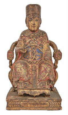 Lot 47 - Chinese Painted and Gilt Wood Figure of a...