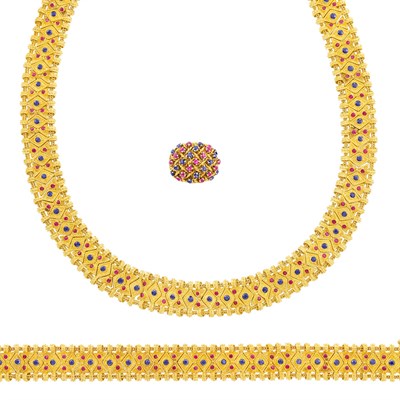 Lot 436 - Gold, Sapphire and Ruby Collar Necklace, Bracelet and Ring