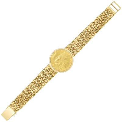 Lot 357 - Gold and Gold Coin Watch-Bracelet, Bucherer, and Gold Coin Pendant
