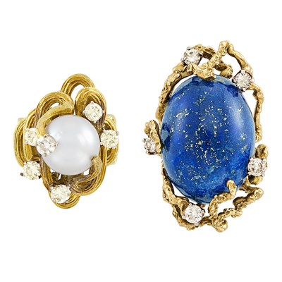 Lot 232 - Two Two-Color Gold, Lapis, Cultured Pearl and Diamond Rings