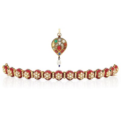 Lot 296 - Indian High Karat Gold, Foiled-Back Diamond, Enamel and Colored Stone Pendant and Bracelet