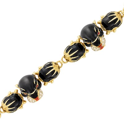 Lot 446 - Two-Color Gold, Enamel, Diamond and Ruby Panther Link Bracelet, Frascarolo