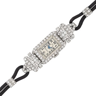 Lot 146 - Platinum, Diamond and Black Cord Wristwatch, Vacheron & Constantin