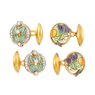 Lot 141 - Two Pairs of Gold, Plique-à-Jour Enamel and Diamond Cufflinks, Masriera