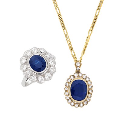 Lot 261 - Platinum, Gold, Sapphire and Diamond Ring and Pendant with Chain