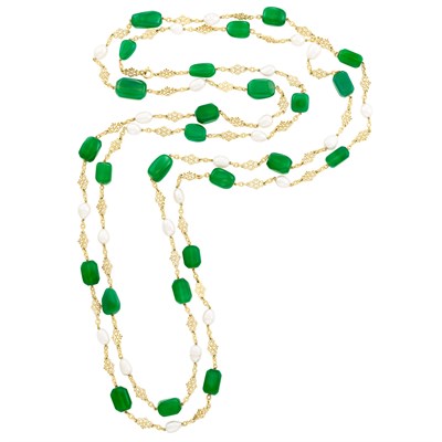 Lot 212 - Long Gold, Green Chalcedony Bead and Cultured Pearl Chain Necklace