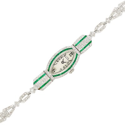 Lot 154 - Platinum, Emerald and Diamond Wristwatch, Patek Philippe