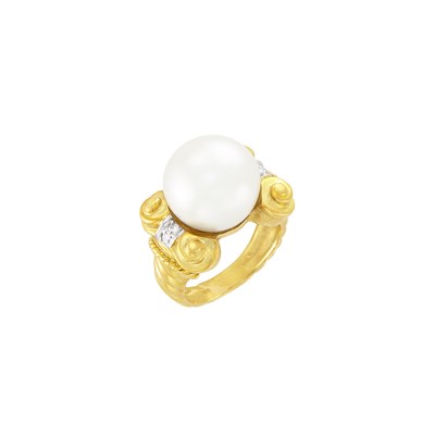 Lot 336 - Two-Color Gold, South Sea Cultured Pearl and Diamond Ring