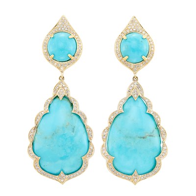 Lot 222 - Pair of Gold, Turquoise and Diamond Pendant-Earrings