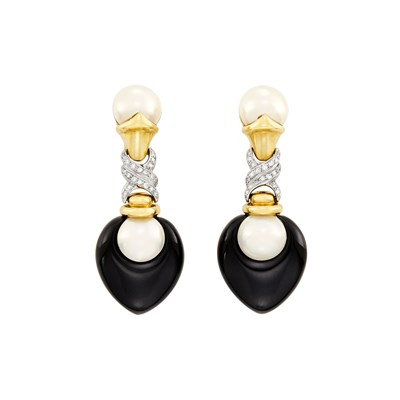 Lot 292 - Pair of Two-Color Gold, Black Onyx, Mabé Pearl and Diamond Pendant-Earrings