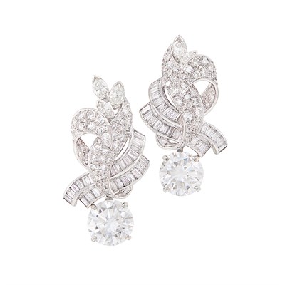 Lot 426 - Pair of Platinum and Diamond Pendant-Earrings