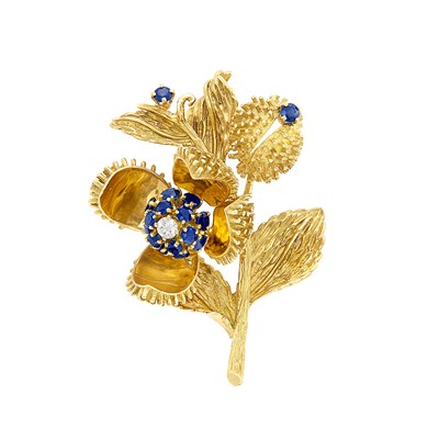 Lot 346 - Gold, Sapphire and Diamond Flower Brooch, Tiffany & Co.
