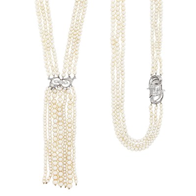 Lot 158 - Long Triple Strand Pearl, Platinum, Gold and Diamond Fringe Sautoir