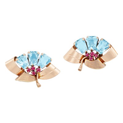 Lot 344 - Pair of Retro Rose Gold, Aquamarine and Ruby Earrings