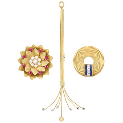 Lot 346 - Two Gold, Platinum, Sapphire, Pink Sapphire, Diamond and Cultured Pearl Brooches and Swizzle Stick