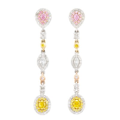 Lot 65 - Pair of Tricolor Gold, Diamond and Colored Diamond Pendant-Earrings