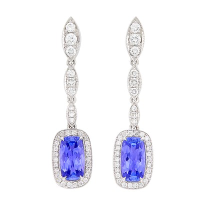 Lot 164 - Pair of White Gold, Tanzanite and Diamond Pendant-Earrings