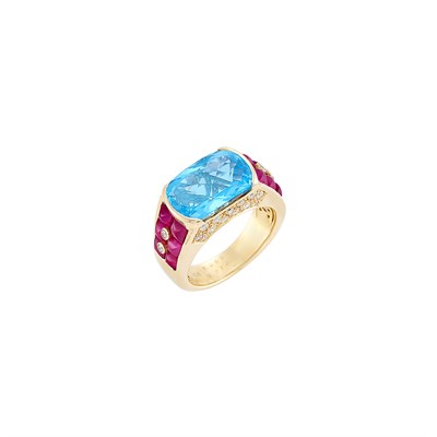 Lot 53 - Gold, Blue Topaz, Ruby and Diamond Ring