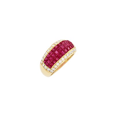 Lot 319 - Gold, Invisibly-Set Ruby and Diamond Ring
