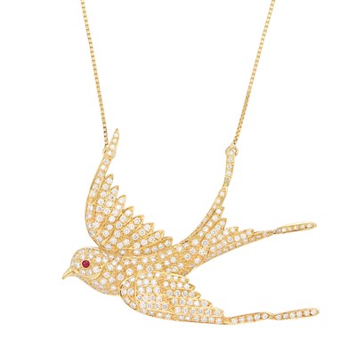Lot 93 - Gold and Diamond Swallow Pendant-Necklace