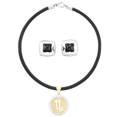 Lot 302 - Pair of White Gold and Onyx 'Pyramid' Earclips and Gold, Stainless Steel and Silver Capricorn Pendant-Necklace, Bulgari