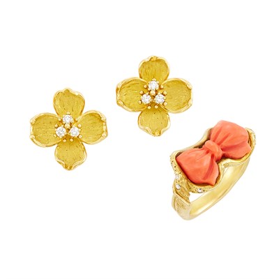 Lot 294 - Pair of Gold and Diamond 'Dogwood' Earrings, Tiffany & Co., and Gold and Coral Bow Ring