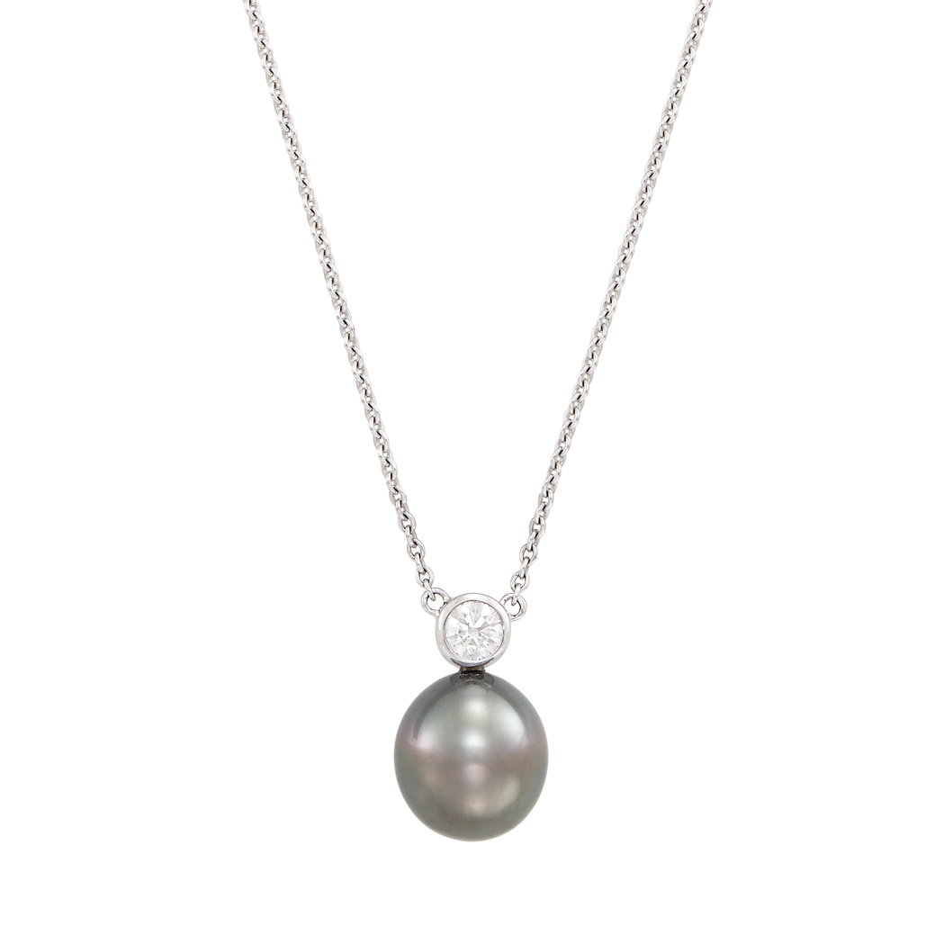 Lot 183 - Platinum, Tahitian Black Cultured Pearl and Diamond Pendant Necklace, Mikimoto