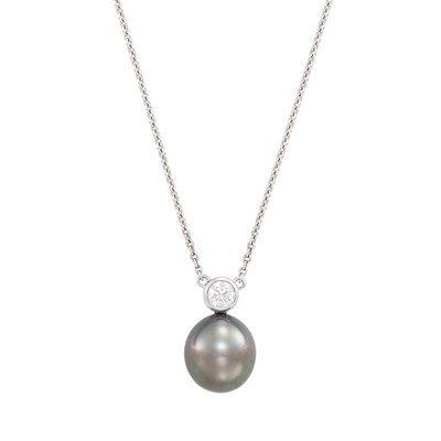 Lot 183 - Platinum, Tahitian Black Cultured Pearl and Diamond Pendant Necklace, Mikimoto