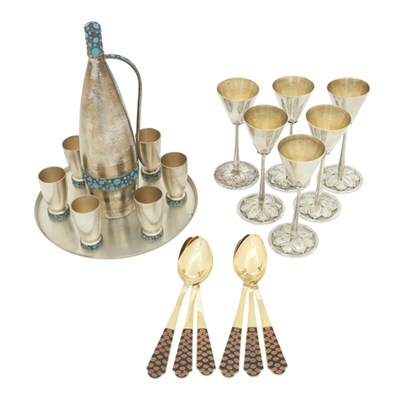 Lot 280 - Soviet Silver and Cloisonné Enamel Cordial Set;...
