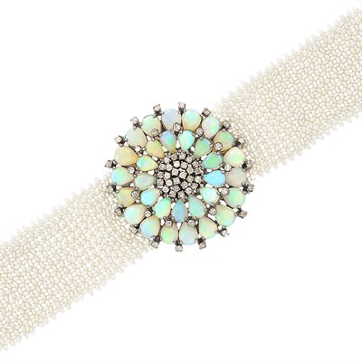 Lot 102 - Blackened Silver, Opal, Seed Pearl and Diamond Mesh Bracelet