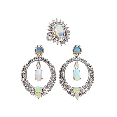 Lot 100 - Pair of Blackened Silver, Diamond and Opal Pendant-Earrings and Ring