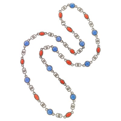 Lot 194 - Long Blackened Silver, Tanzanite, Coral and Diamond Chain Necklace