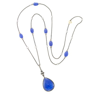 Lot 179 - Long Blackened Silver, Gold, Tanzanite, Diamond and White Topaz Pendant with Chain Necklace