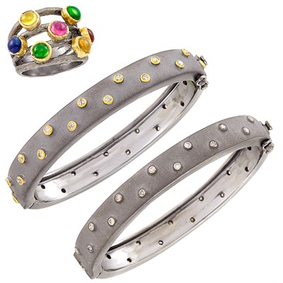 Lot 188 - Pair of Blackened Silver, Gold, Diamond and Colored Stone Bangle Bracelets and Ring