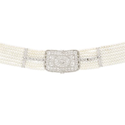 Lot 388 - Multistrand White Gold, Diamond and Cultured Pearl Choker Necklace