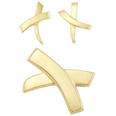 Lot 21 - Pair of Gold 'X' Earrings and Brooch, Tiffany & Co., Paloma Picasso