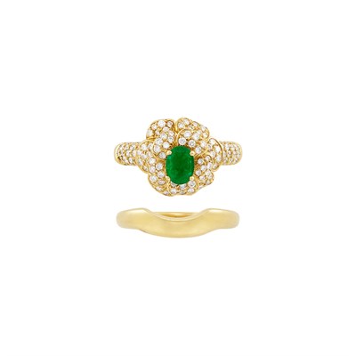 Lot 37 - Gold, Emerald and Diamond Flower Ring and Guard Ring, Chanel, France