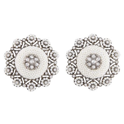 Lot 145 - Pair of White Gold, Freshwater Seed Pearl and Diamond Earrings
