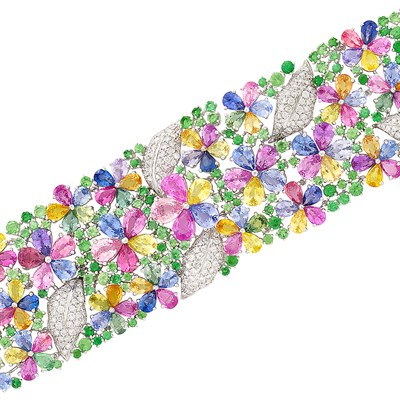Lot 243 - Wide White Gold, Multicolored Sapphire and Diamond Bracelet, Assil