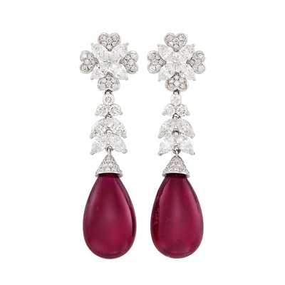 Lot 170 - Pair of White Gold, Diamond and Rubellite Pendant-Earrings