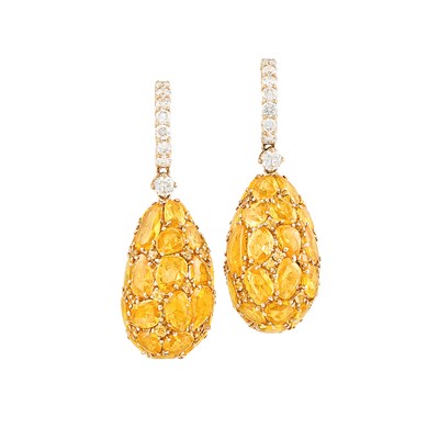 Lot 399 - Pair of Gold, Orangy Yellow Sapphire and Diamond Pendant-Earrings