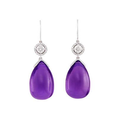 Lot 430 - Pair of White Gold, Amethyst and Diamond Pendant-Earrings