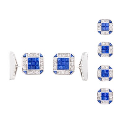 Lot 189 - White Gold, Invisibly-Set Sapphire and Diamond Dress Set