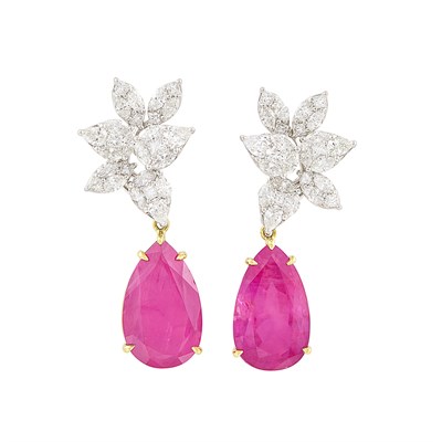 Lot 248 - Pair of Two-Color Gold, Diamond and Ruby Pendant-Earrings
