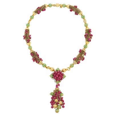Lot 220 - Gold, Ruby Bead, Enamel and Diamond Tassel Necklace, Giovane