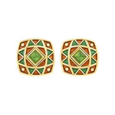 Lot 197 - Pair of Gold, Cabochon Tourmaline and Enamel Earrings