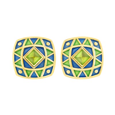 Lot 119 - Pair of Gold, Cabochon Peridot and Enamel Earrings