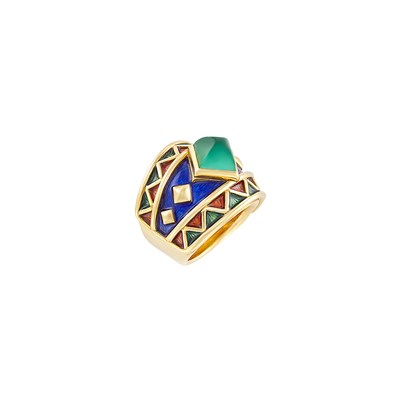 Lot 453 - Gold, Cabochon Tourmaline and Enamel Ring
